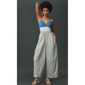 Plenty by Tracy Reese Anthropologie Jumpsuit Blue Poplin Striped Boho Large NWT